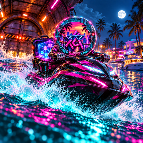 Cyber Dacity Coin escaping a marina tunnel on a neon jet ski
