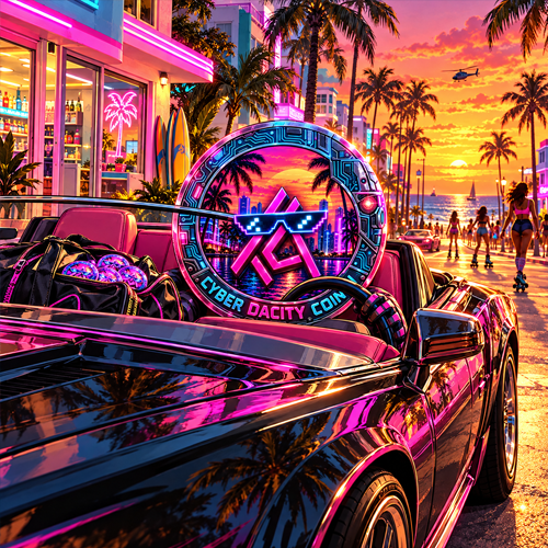 Cyber Dacity Coin cruising Ocean Drive at sunset in a neon convertible