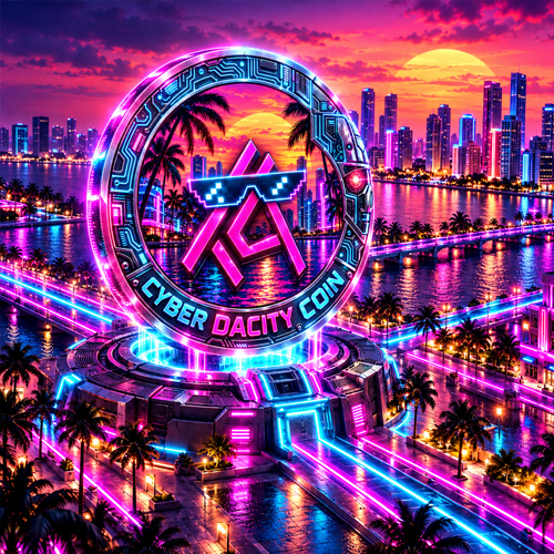 The Cyber Dacity Coin monument glowing over a neon coastal city at sunset