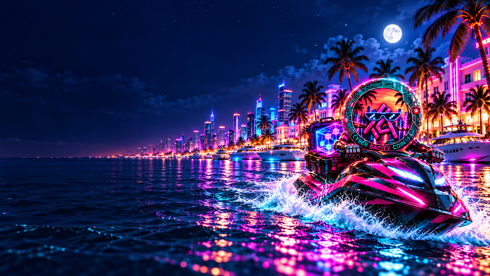 Cyber Dacity Coin riding a neon jet ski through a midnight marina